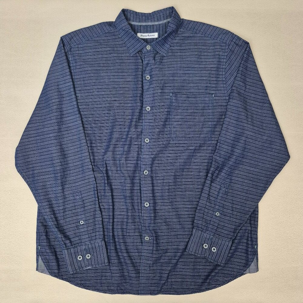 Tommy Bahama Shirt Men's XL Long Sleeve Striped Button Up Flip Cuffs Blue